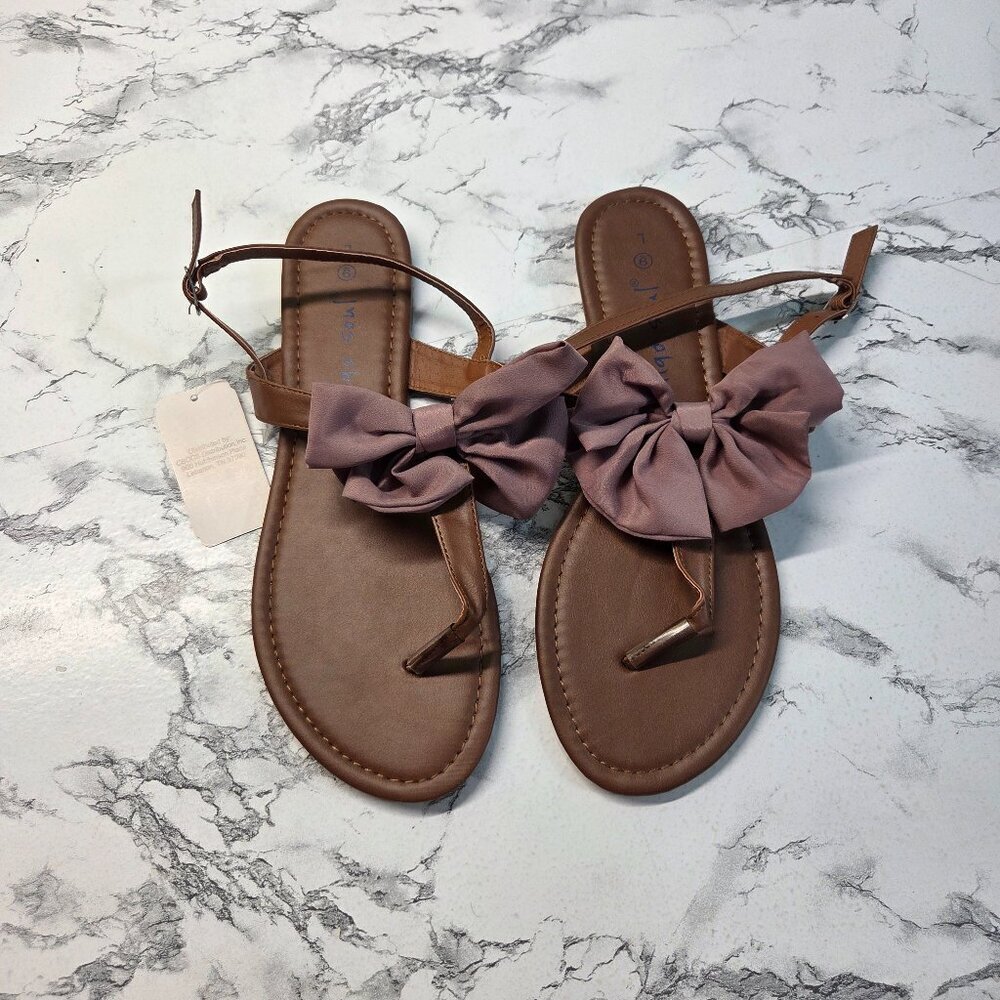 Indigo Soul 9 Brown Mauve Bow Adjustable Strappy Summer Sandals Flats